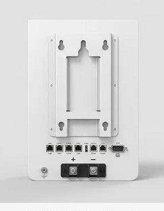 The rear of an ENA LIT LI battery showing the wall mounting plate, ethernet-style communication ports, positive and negative DC terminals and the earth stud