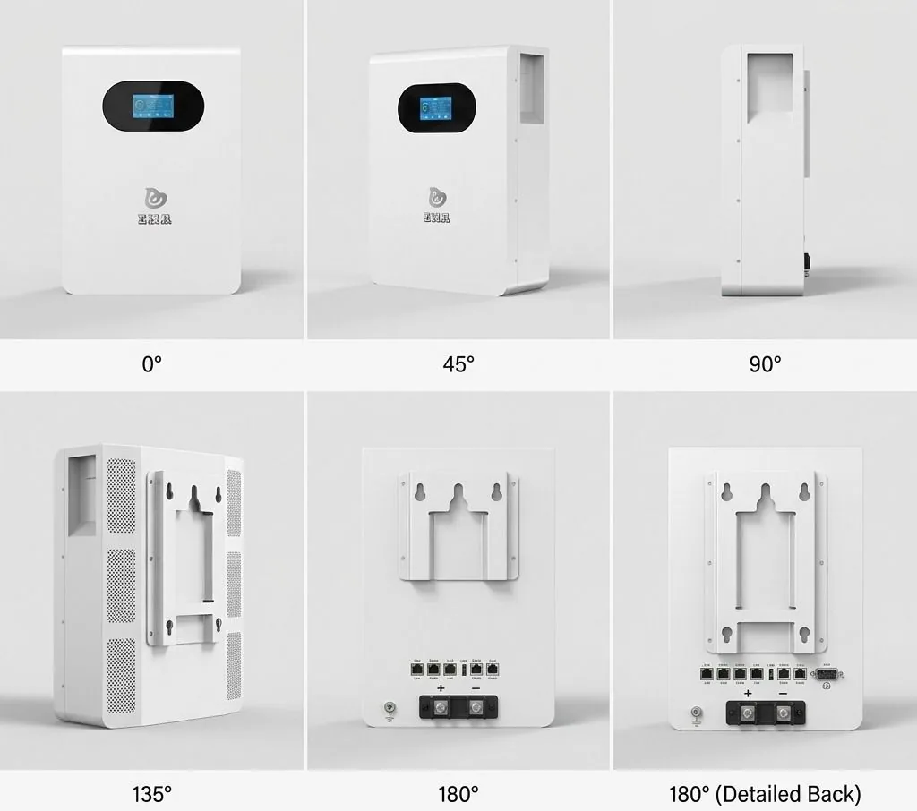 Six studio views of the ENA LIT LI wall-mounted battery at 0, 45, 90, 135 and 180 degrees, plus a detailed rear view showing its mounting plate, communication ports and DC terminals